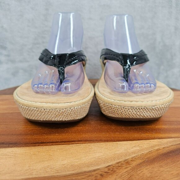 Vionic Grenada Wedge Thong Sandals 10 Black Patent Leather Woven Tan Orthopedic - Picture 4 of 14